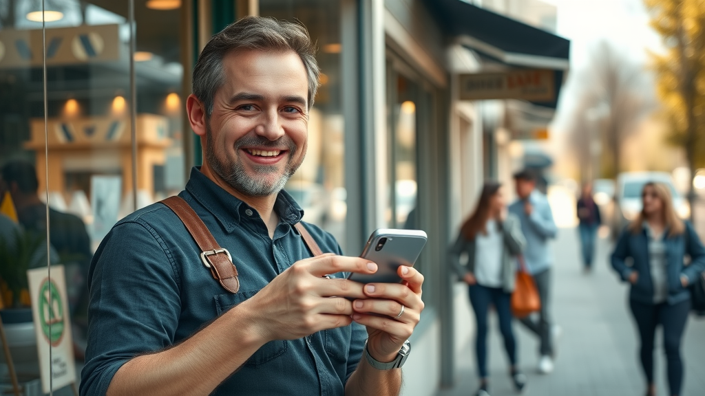 small business owner on social media, smiling and holding smartphone outside store, local engagement sidewalk, inviting storefront