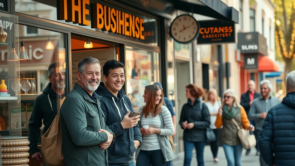 dynamic local business storefront bustling with customers how to get more customers for your local business from the Internet