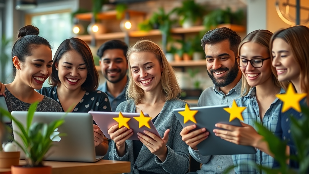 Diverse customers reading positive online reviews, building customer trust and website credibility.
