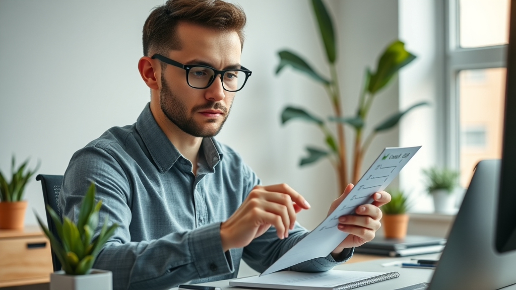 local seo optimization checklist in modern office; marketing specialist reviewing seo strategy and business info