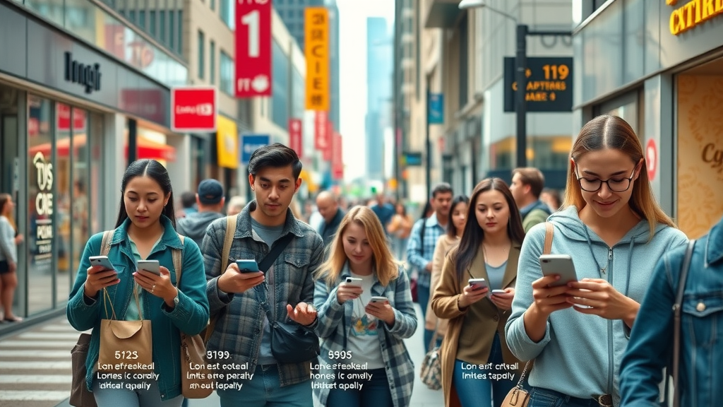 local content marketing strategies infographic: busy city street, shoppers on smartphones, engaging with local businesses