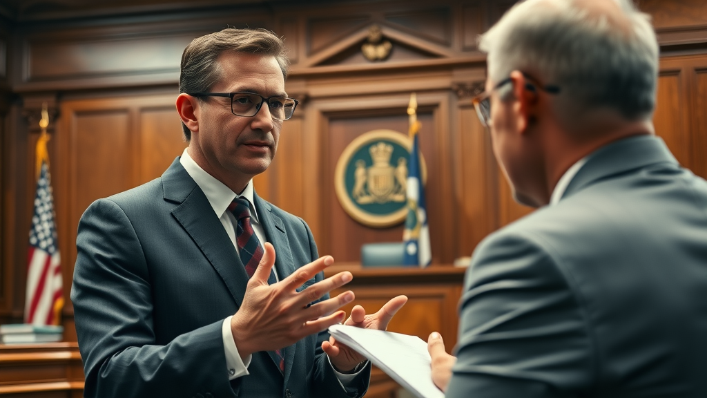 confident attorney discussing legal case courtroom