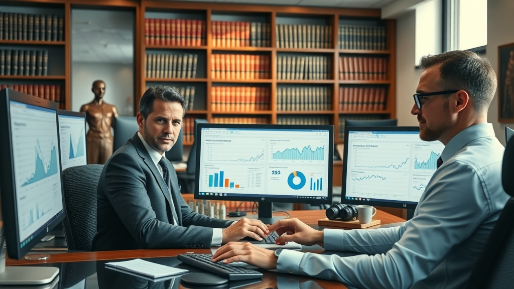 law firm SEO strategies: attorneys working with digital analytics in busy modern law office, legal books and digital charts
