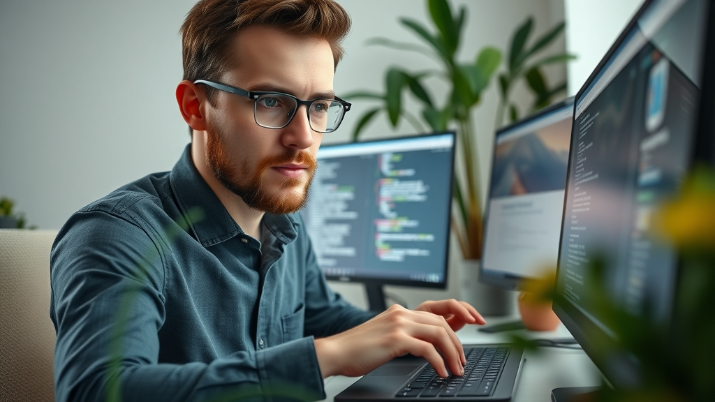 close-up of web developer optimizing a local business website, reviewing local keyword content, on-page SEO enhancements, code and content editing station