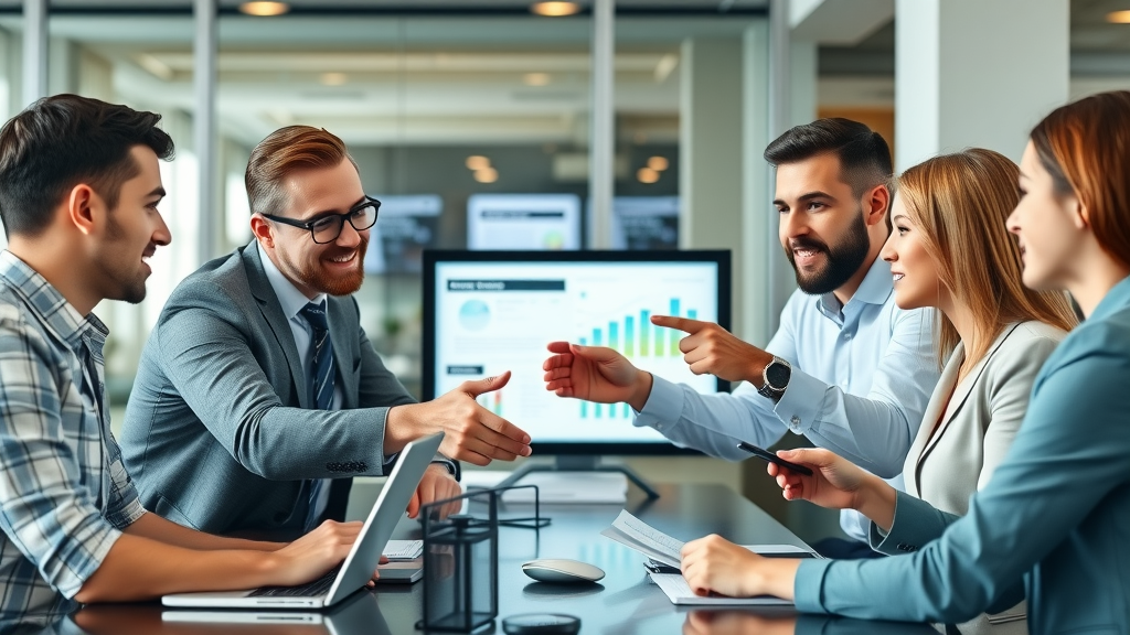 Engaged professional digital marketing team collaborating on customer engagement strategy, digital interface screens, charts, and laptops, modern office - customer engagement digital marketing
