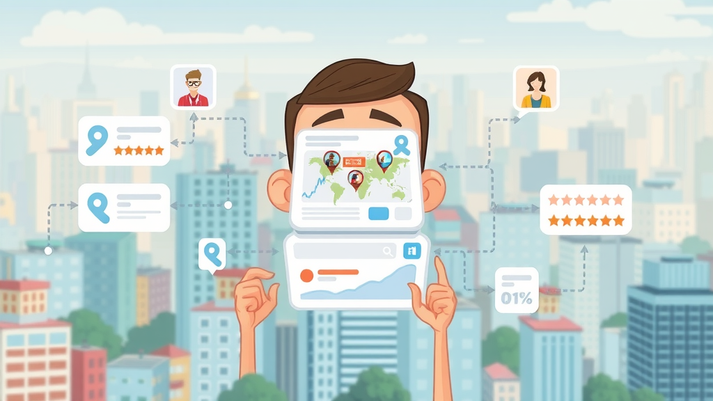 search engine evaluating local business profile for local SEO optimization, simplified explainer graphic