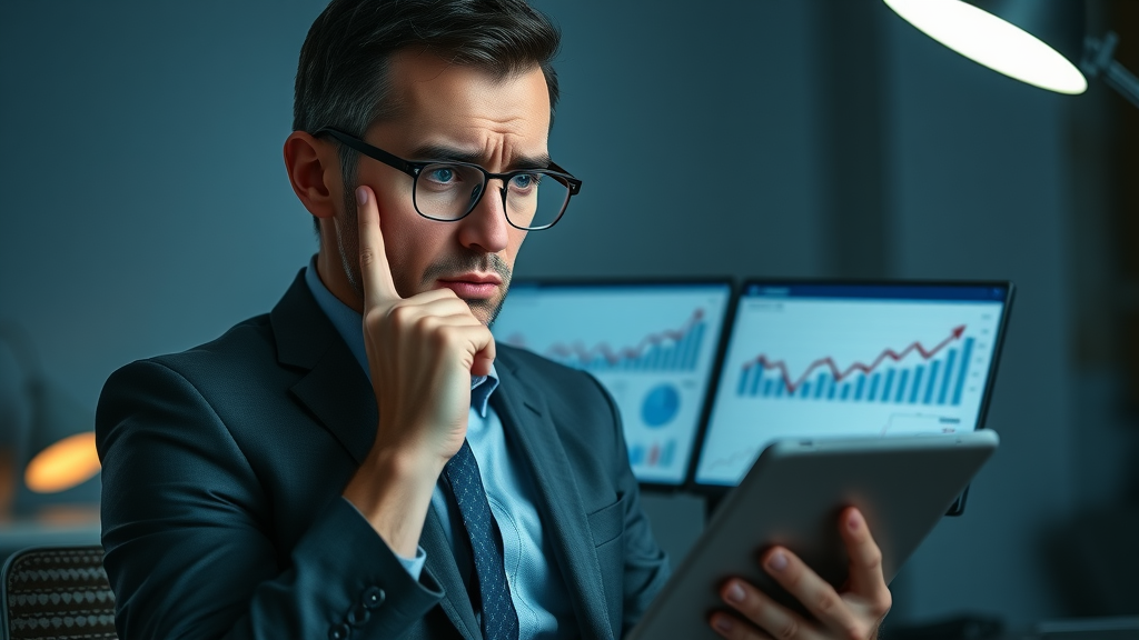 worried business owner viewing declining social media analytics on tablet