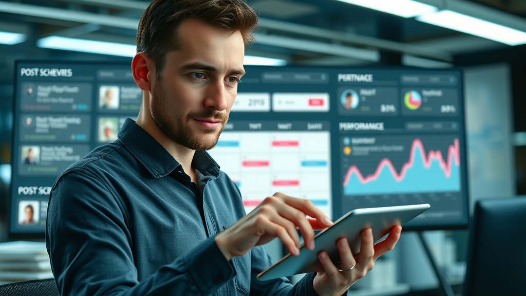 social media management: dashboard showing scheduling and analytics tools