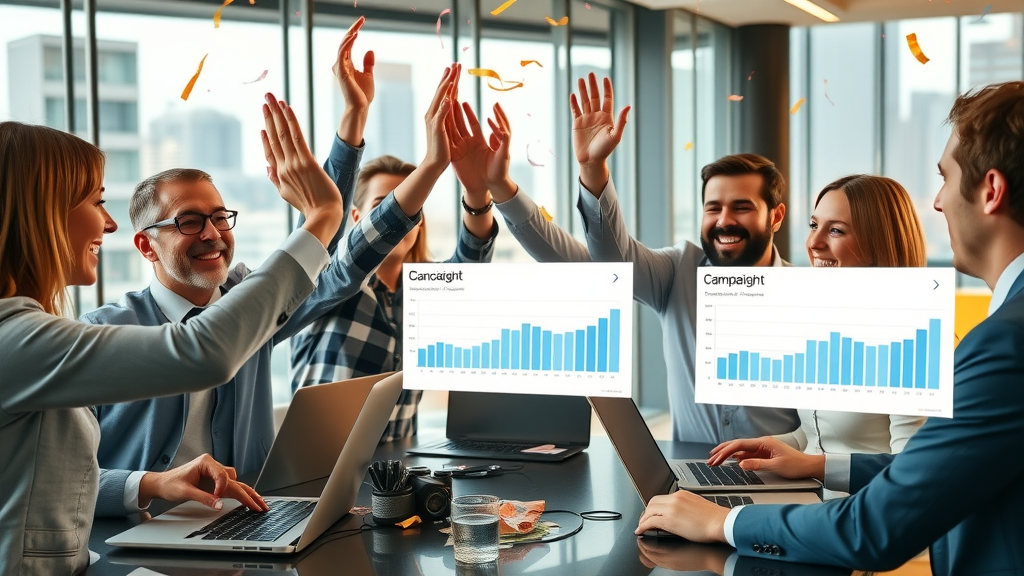 Successful business team celebrating internet marketing win with data and confetti
