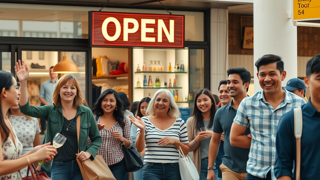 bustling small business with increased foot traffic, diverse crowd, joyful expressions, local business success through local SEO tips