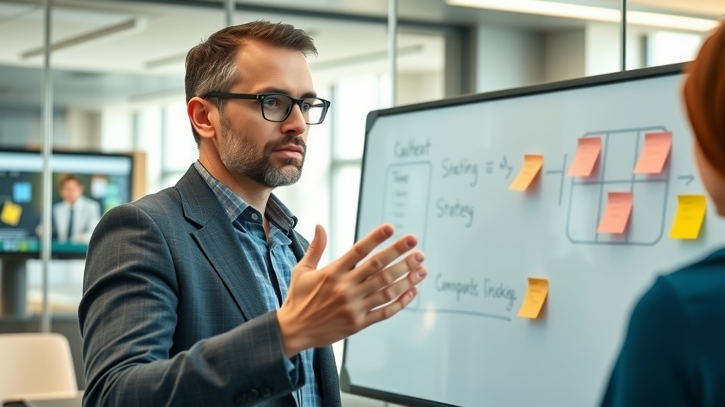 Digital marketing manager mapping out a marketing strategy with digital tools and whiteboard, online marketing for services