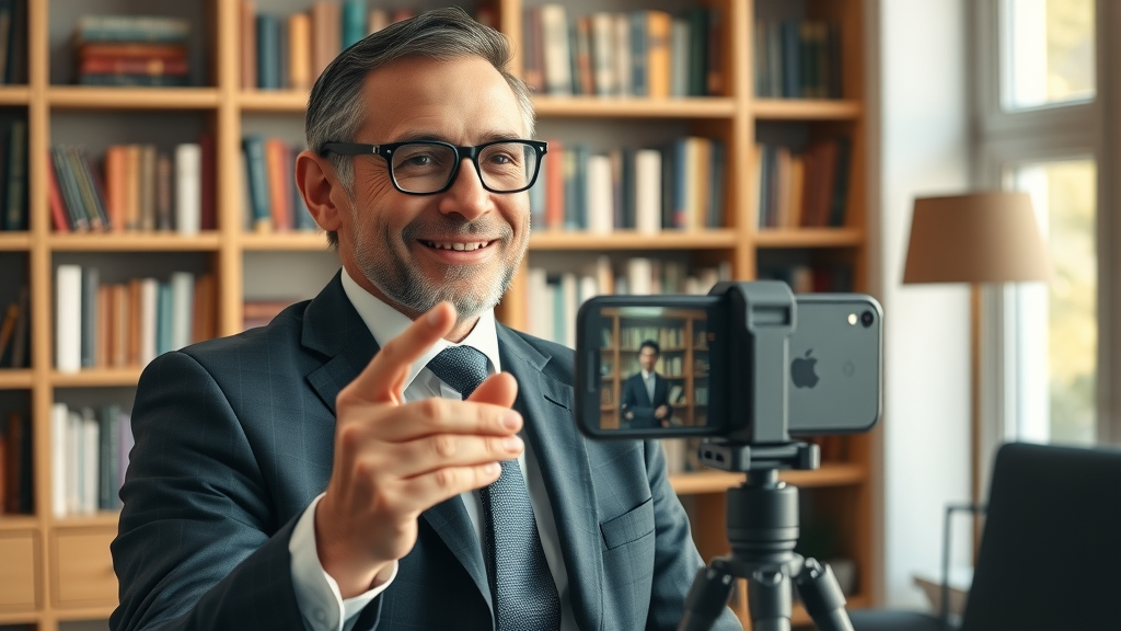 Lawyer offers legal advice for social media, recording video in stylish office, showing social media marketing techniques for law firms