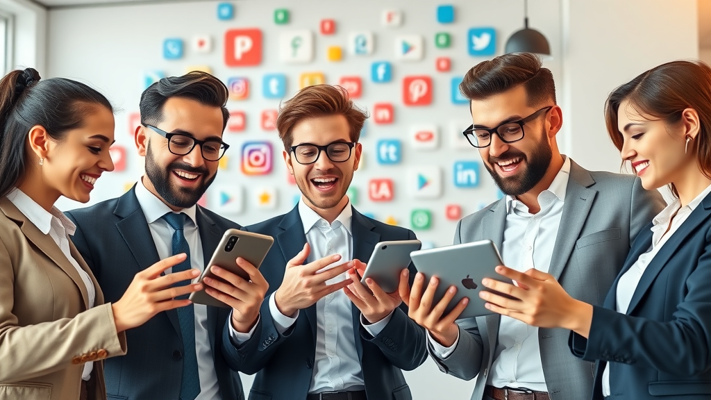 Social media for client acquisition for attorneys: Legal team collaborating over tablets and smartphones, sharing posts online