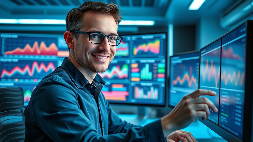 Confident digital marketer analyzing split test ad results for internet advertising for small businesses