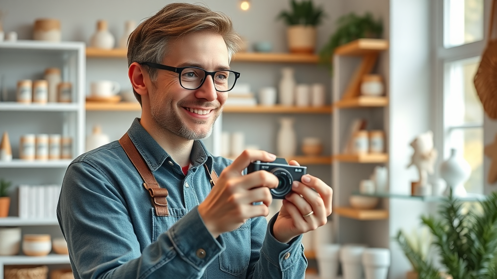 Small business owner photographing products, Google My Business optimization, boutique setting with shelves
