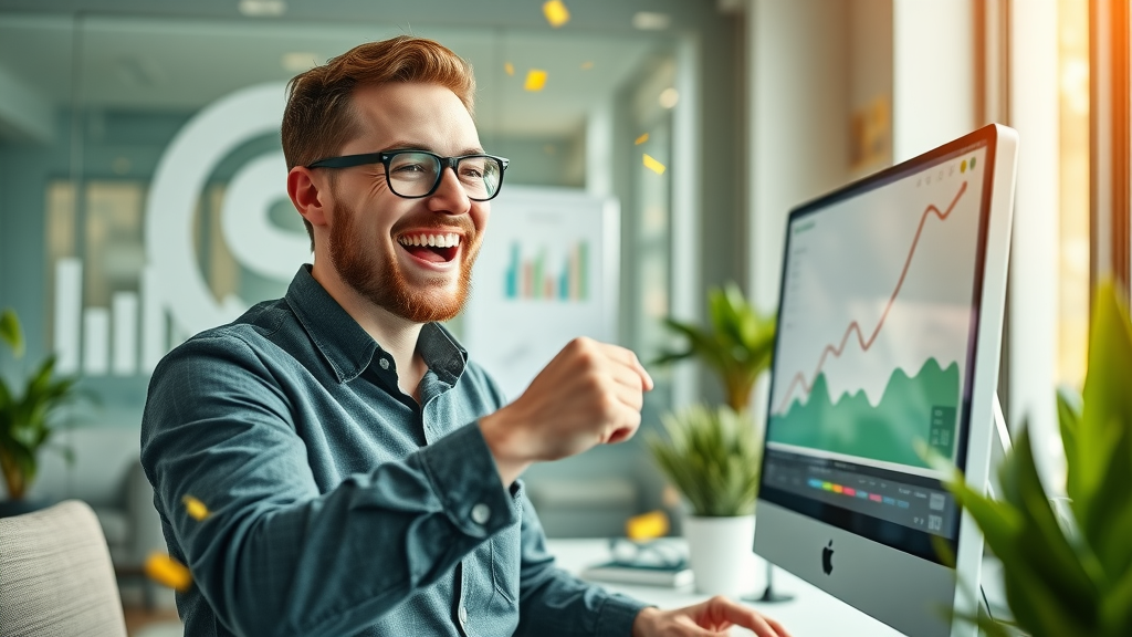 successful content marketing techniques digital marketer celebrating positive engagement trending upward graph modern workspace