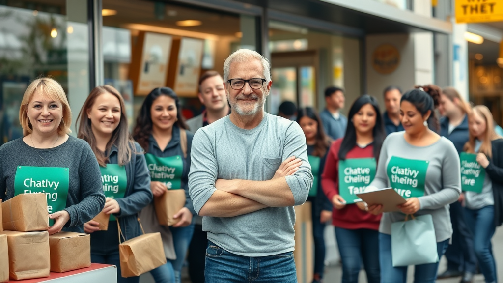 local business owner and volunteers engaging in a community food drive for reputation building