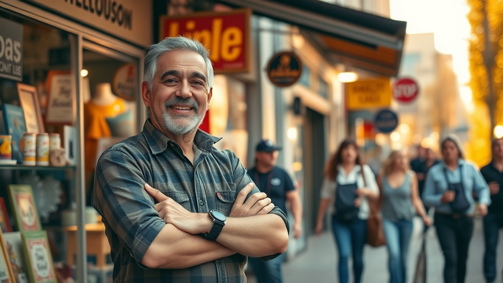 local business owner in front of busy store, successful SEO for attracting customers