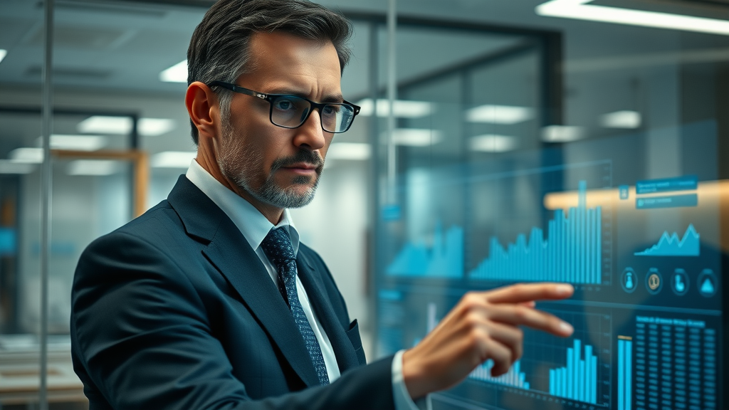 digital marketing for law: lawyer analyzing analytics dashboard in modern law firm environment