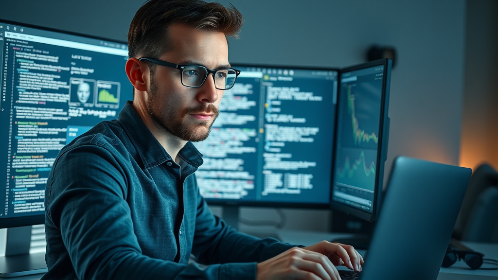 law firm SEO strategies technical SEO: web developer inspecting law firm website code, analytics and performance charts
