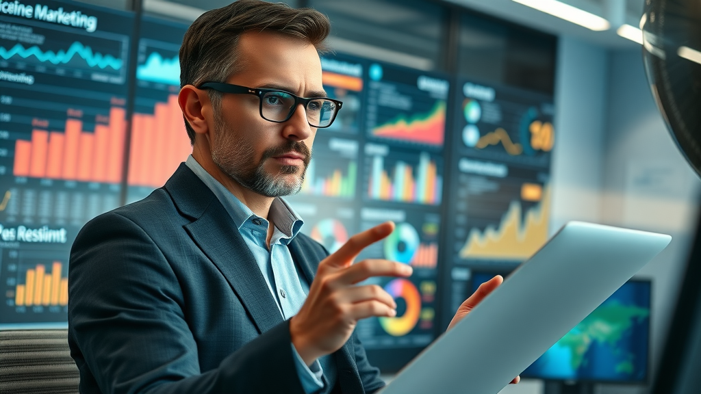 marketing strategist reviewing influencer marketing tactics dashboard on campaign performance