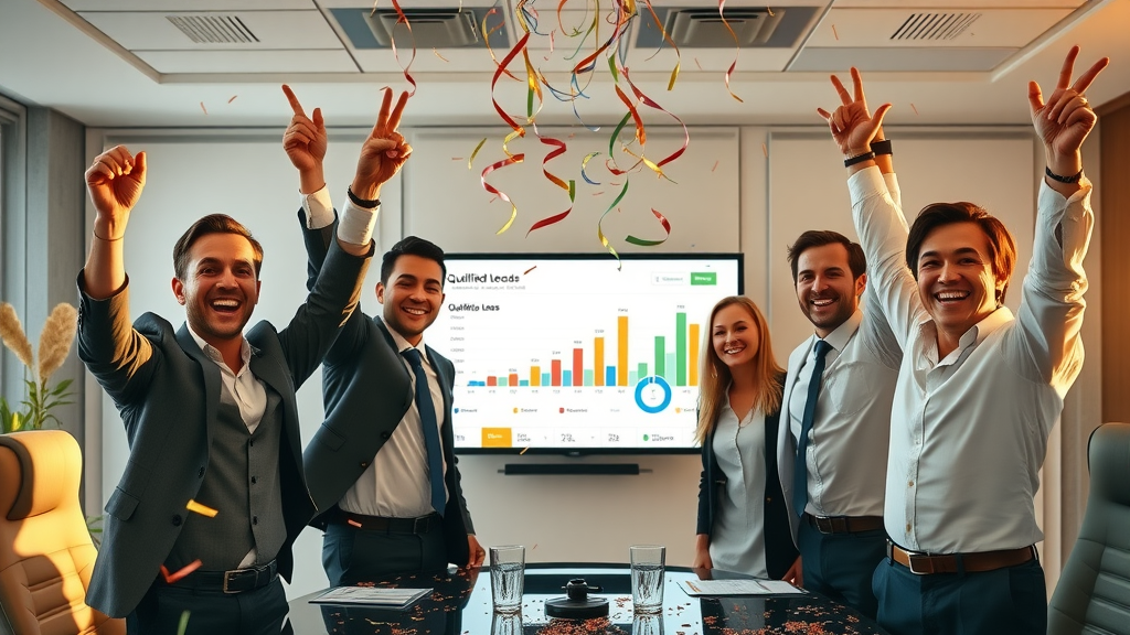 Business team celebrating a sharp rise in qualified leads on their dashboard, in a boardroom with digital screens. {qualified leads}, {lead generation online}, {sales team}