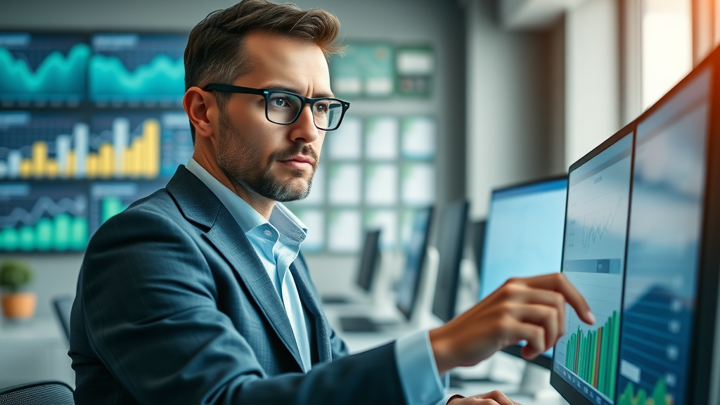 modern business owner analyzing SEO website traffic on a digital dashboard, SEO for attracting customers