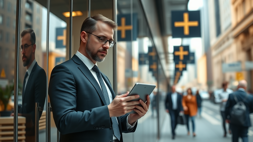 Digital marketing for lawyers office, professional lawyer reviewing marketing data on a tablet outside a law firm office, cityscape background