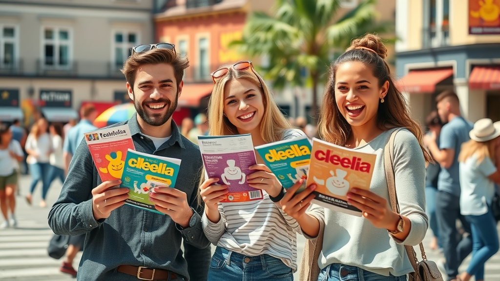 marketing team engaging with community distributing colorful flyers and posters for local business