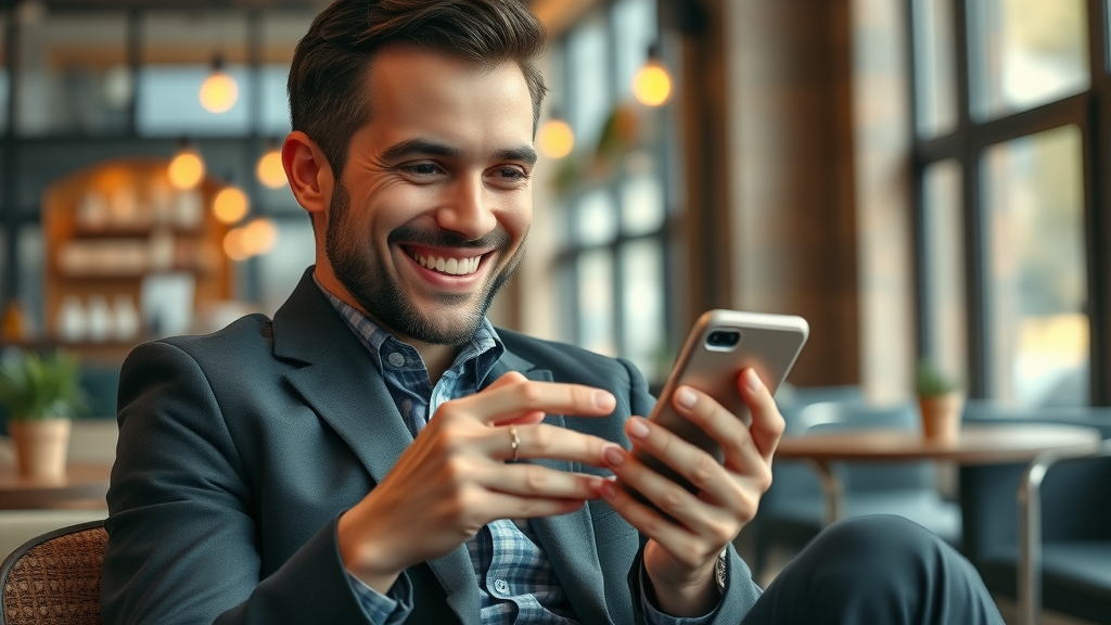 smiling customer leaving a positive review on smartphone, supporting local search ranking factors through active review cultivation