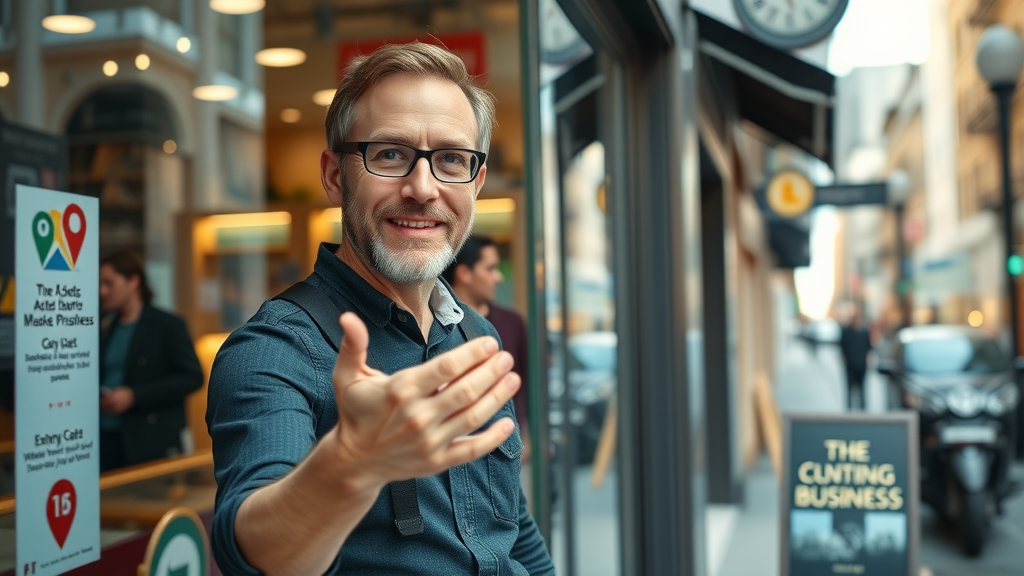 Google Maps marketing modern local business storefront, confident satisfied owner gesturing welcomingly, map markers visible, business branding focus