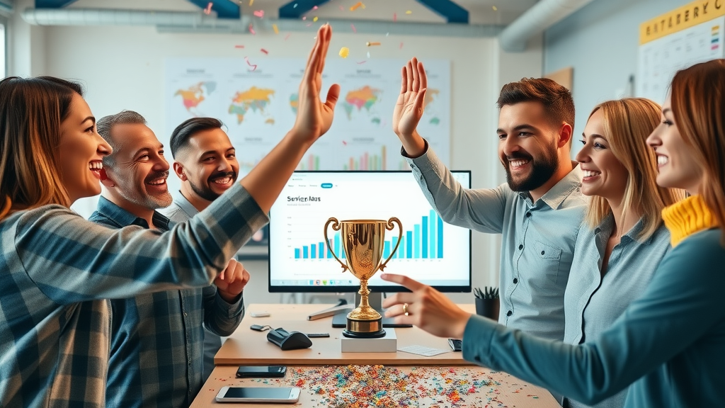 Service provider team celebrating digital branding success - high-fiving, growth charts, real-world branding success stories