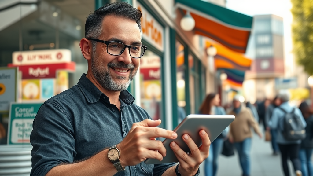 Vibrant local storefront, business owner updating Google My Business optimization profile, bustling city background, clear storefront signs