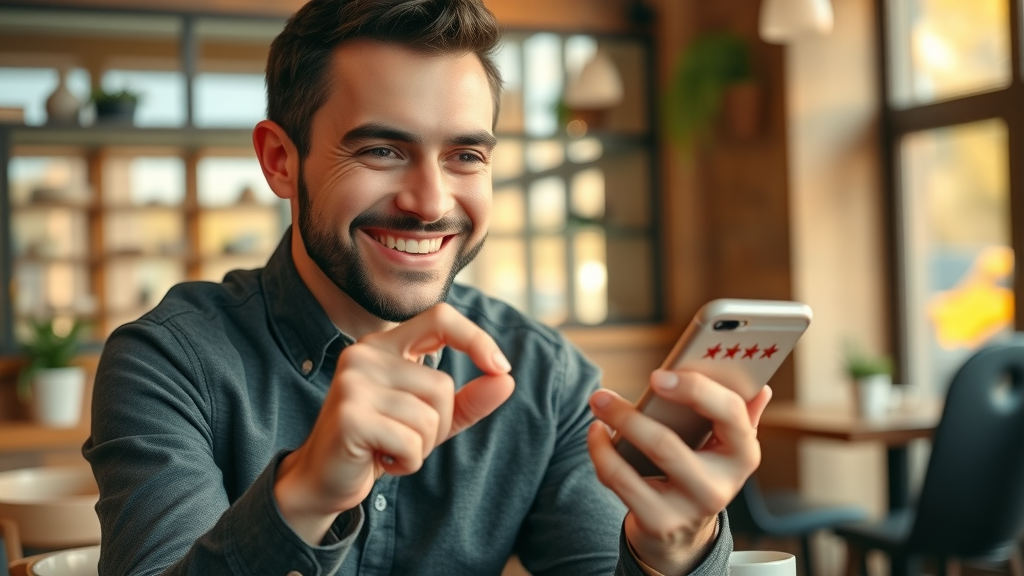 positive customer leaving a five-star review for improved local online presence and reputation