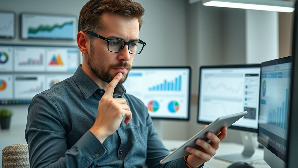 Focused marketing manager analyzing performance data, measuring local business marketing tips success