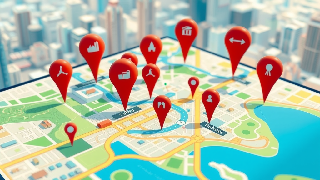 digital city map showing multiple business locations with pins, google maps optimization