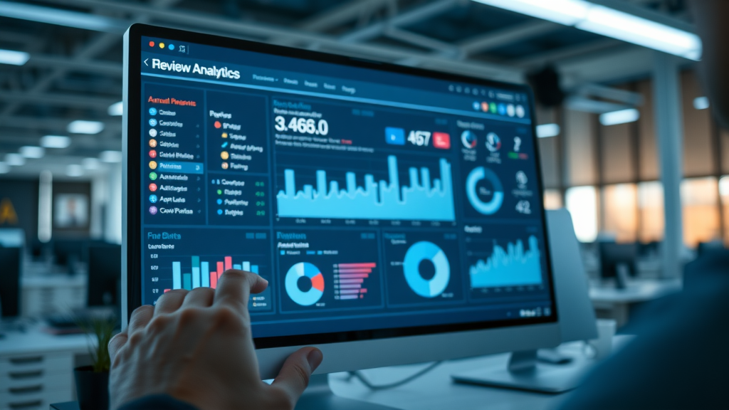 sleek business dashboard interface on computer screen, efficient and modern, showing review analytics and automation controls, review response best practices