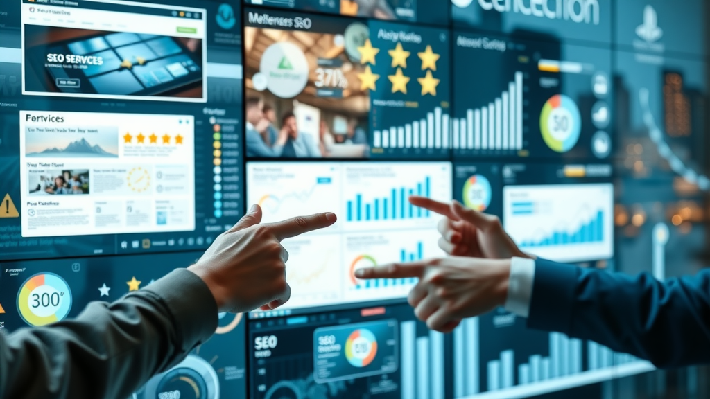 Visual collage of digital SEO tools and service business websites, illustrating SEO strategies for service businesses