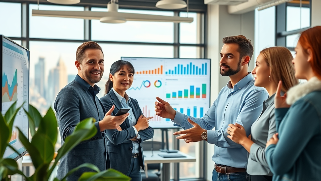 Internet marketing strategies discussion in modern office with digital analytics