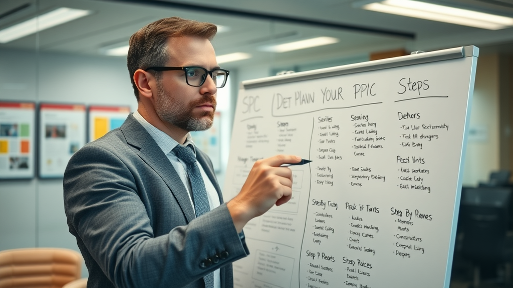 attentive digital marketing strategist, mapping out PPC steps, planning on a whiteboard, Cinematic, meeting room with legal posters and glass walls in background, highly detailed, action of drawing or pointing to step-by-step plan, soft pastels, ambient daylight, shot with a wide-angle lens