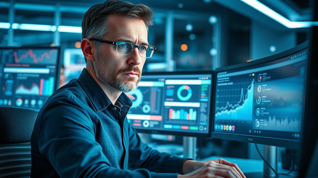 SEO manager using advanced keyword research tools for SEO client growth in high-tech office
