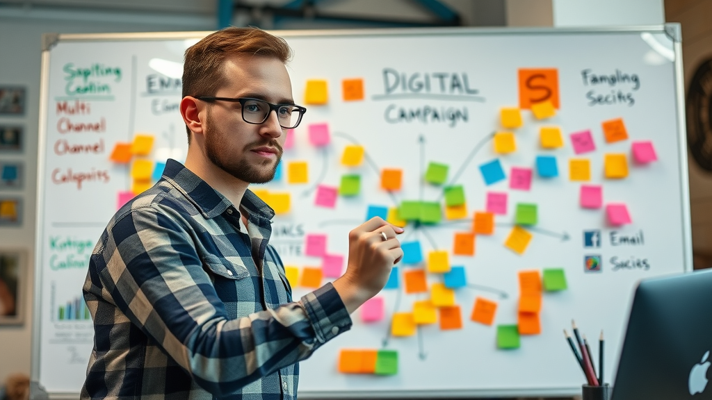 Creative marketer planning multi-channel internet marketing strategy with icons and sticky notes on whiteboard