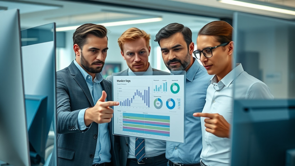 Dynamic business team analyzing digital ad reports to improve ad ROI