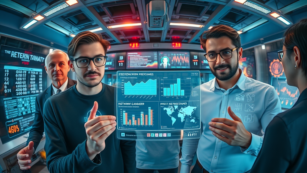 customer retention online AI-driven retention dashboard, tech team in futuristic workspace