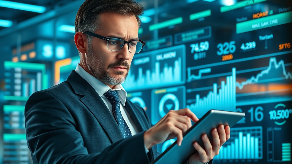 business owner tracking social media analytics on tablet with charts and holographic data, futuristic but practical for local small businesses