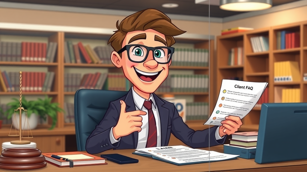 law firm SEO strategies FAQs: cheerful attorney answering questions, client FAQ documents in law office