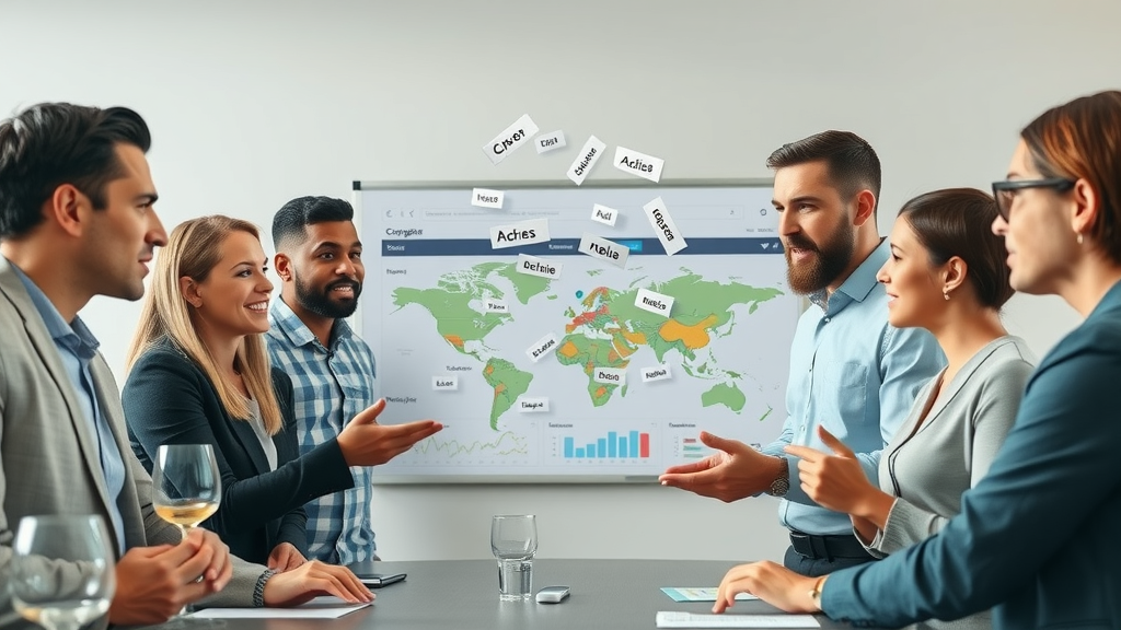 Diverse business team brainstorming Google Maps marketing keywords, digital dashboard, strategy maps