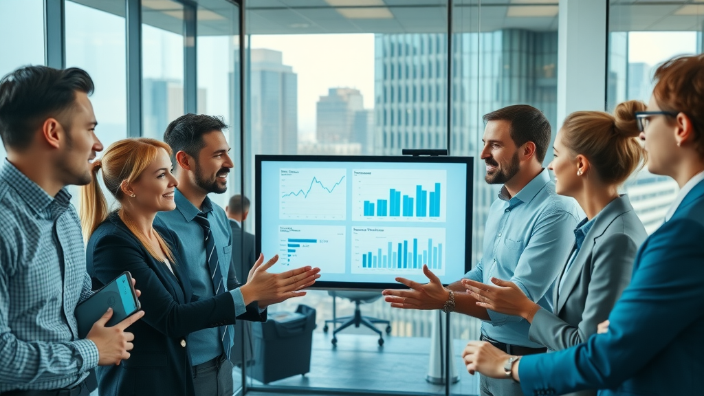 Professional marketing team collaborating on reputation repair strategy and digital charts in office.