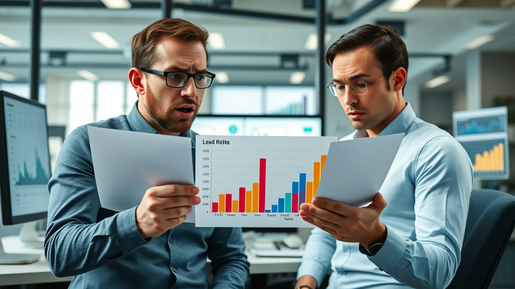 Infographic showing frustrated marketing professionals reviewing poor lead generation charts contrasted with high conversion rates in a modern office. {lead generation online}, {conversion rates}