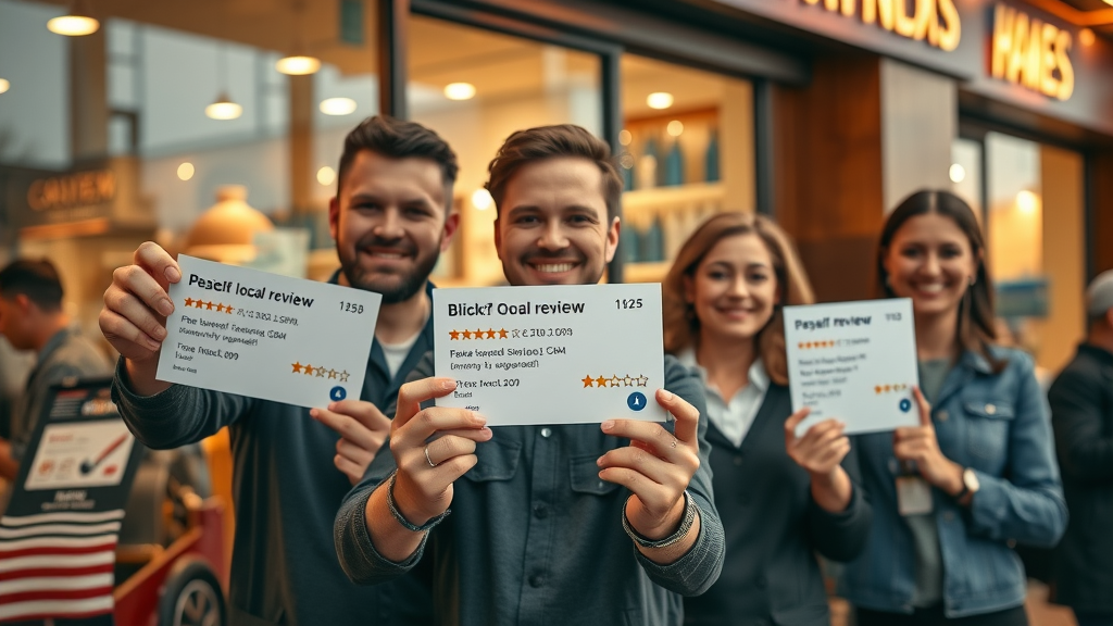 brand reputation building successful local business staff showing positive online review stars at a busy storefront